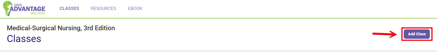 A red box and arrow call attention to the Add Class button on the classes page.