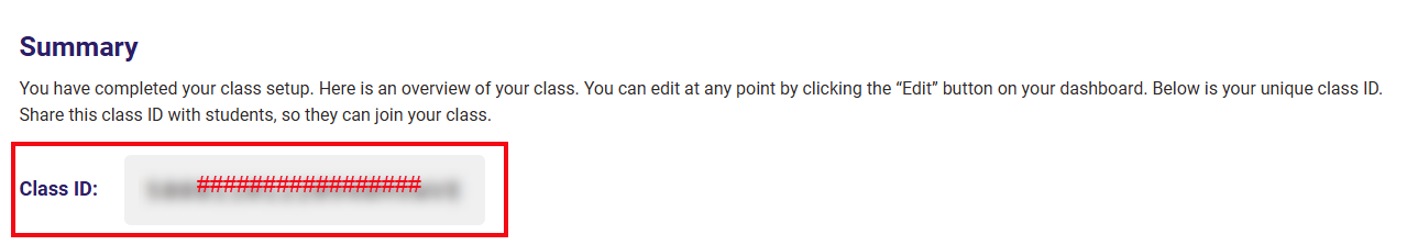 A red box highlights where you will find your Class ID on the Summary page.