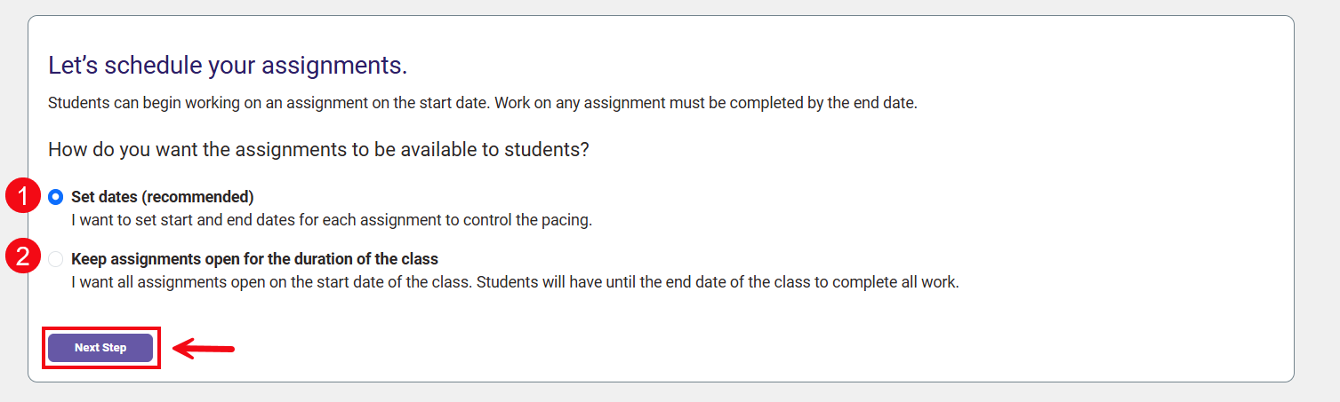Red numbers highlight the options to set assignment dates (1) or to keep assignments option for the duration of the class (2).