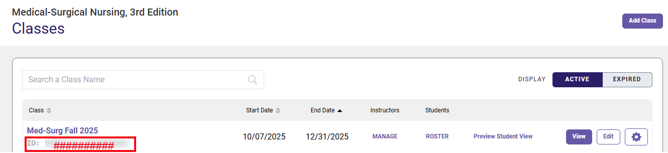 A red box highlights where you will find the Class ID on the Classes page.