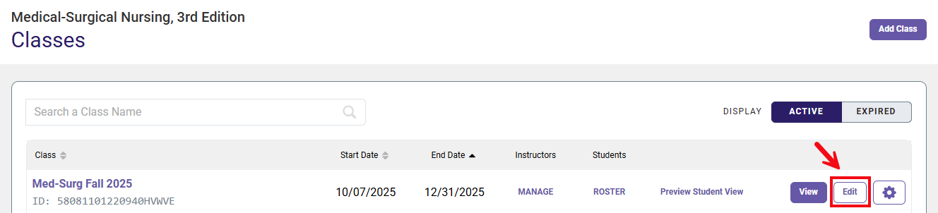 A red box and arrow highlight the Edit button the Classes page.