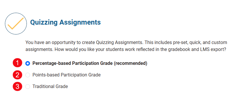 Red numbers highlight the grading options for Quizzing Assignments, a Percentage-Based Participation grade (1), a Points-Based Participation Grade (2), or a Traditional Grade (3).