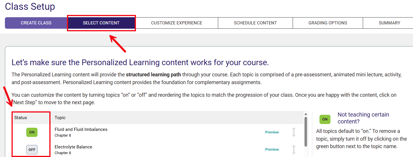Red boxes and arrows call attention to the Select Content step within Class Setup, and to the On/Off buttons to turn topics on or off.