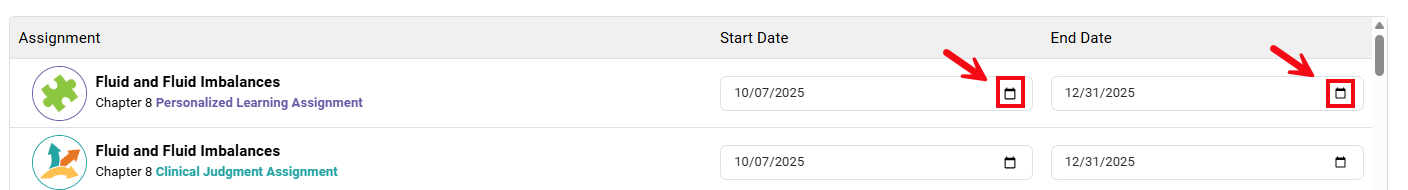 Red boxes and arrows call attention to the calendar icons that can be used to add start and end dates to assignments.