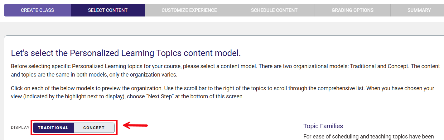 A red box and arrow call attention to the two display options for topics, Traditional or Concept.