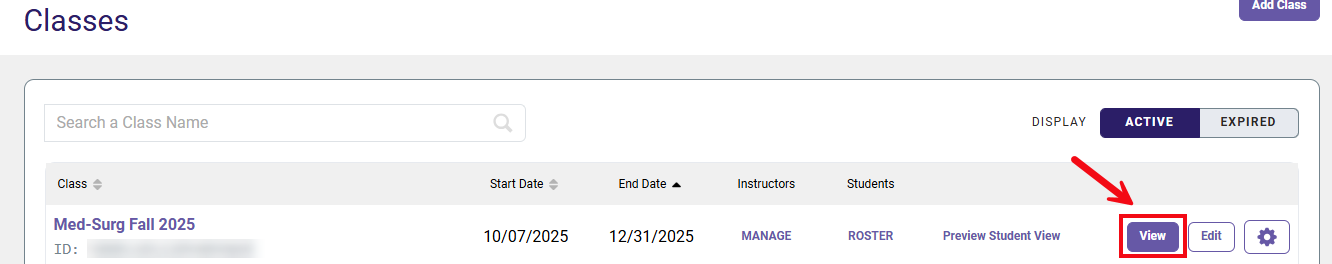 A red box and arrow highlight the View button on the Classes page.