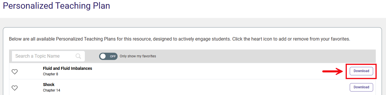 A red box and arrow highlight the Download button by each topic.