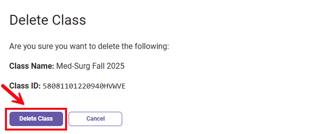 A red box and arrow call attention to the Delete Class button.