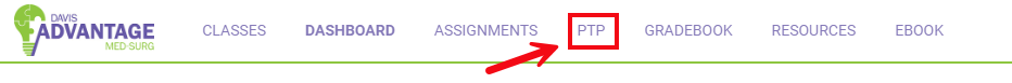 A red box and arrow call attention to the PTP link in the Davis Advantage header.
