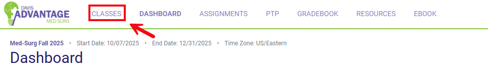 A red box and arrow highlight the Classes option in the header of Davis Advantage.
