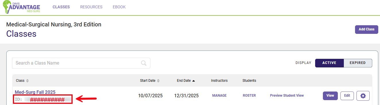 A red box and arrow highlight the Class ID field beneath the class name.