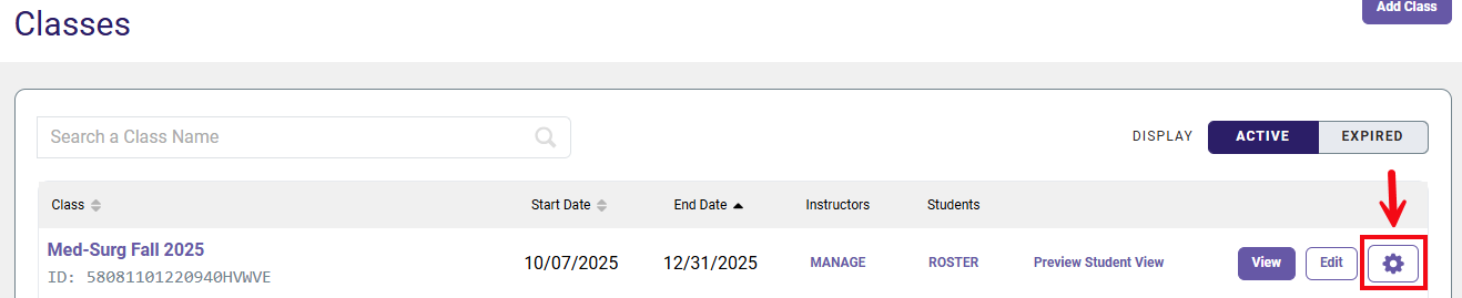 A red box and arrow highlight the gear symbol on the Classes page.