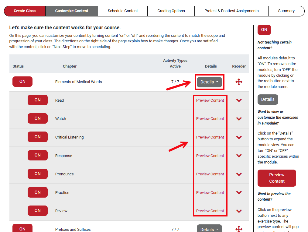 A screenshot with red boxes and arrows highlighting the Details button and the Preview Content option.