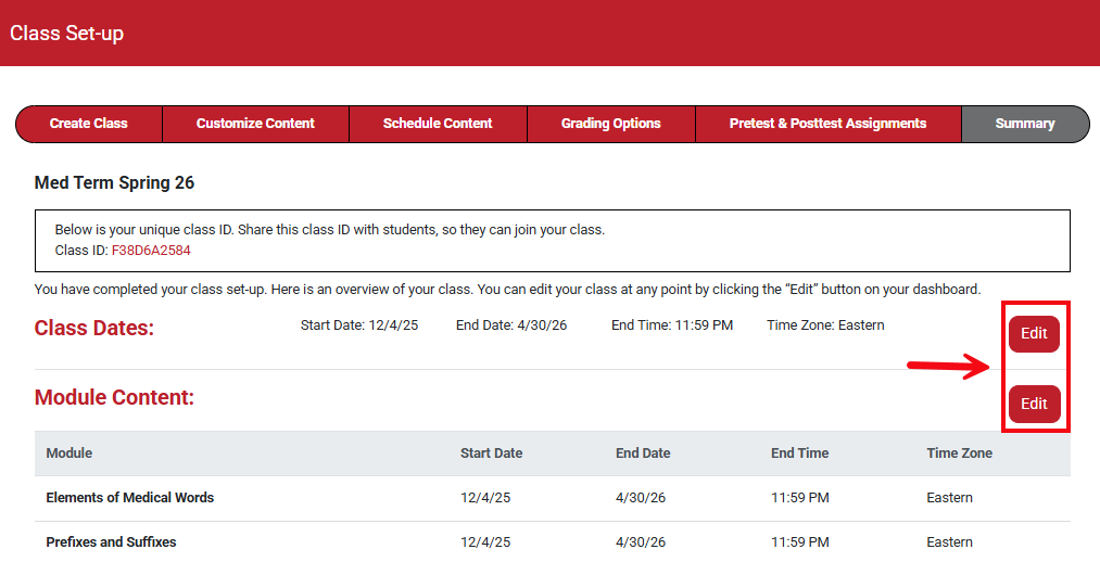 A screenshot with a red box and arrow highlighting the Edit button the Summary page.
