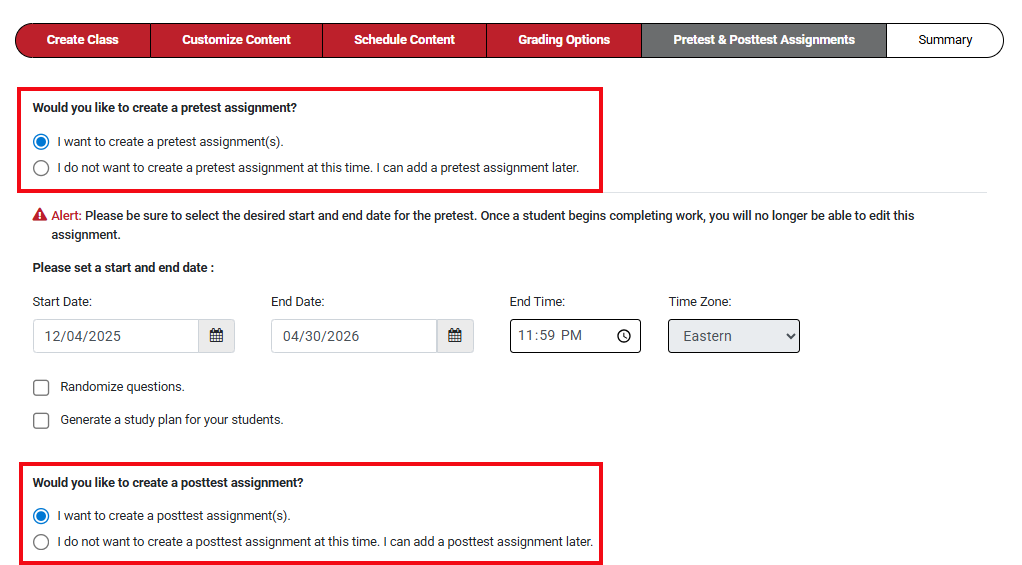 A screenshot with two boxes highlighting the option to add pretest and posttest assignments.