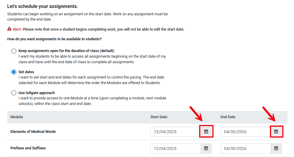 A screenshot with red boxes and arrows showing the calendar buttons used to add start and end dates.