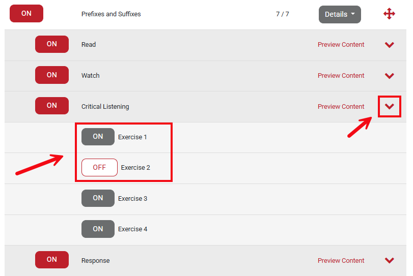 A screenshot with boxes and arrows highlight the down arrow and the On/Off buttons for sub-activities.