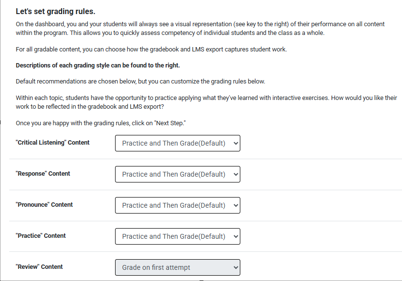 A screenshot of the grading options in Medical Language Lab.
