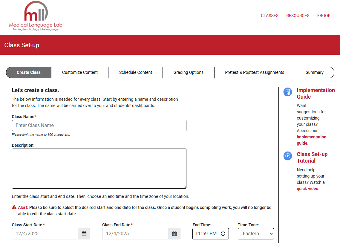 Screenshot of the Class Set-up page in Medical Language Lab.