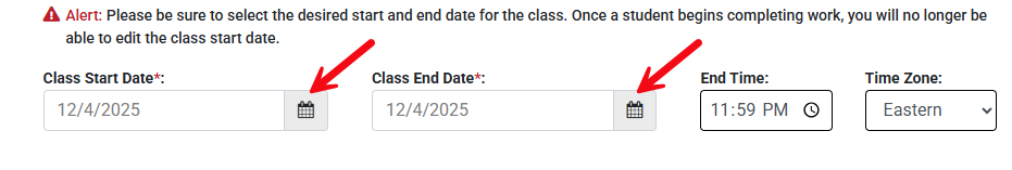 Red arrows highlight the calendar icons used to add start and end dates on the Class Set-up page.