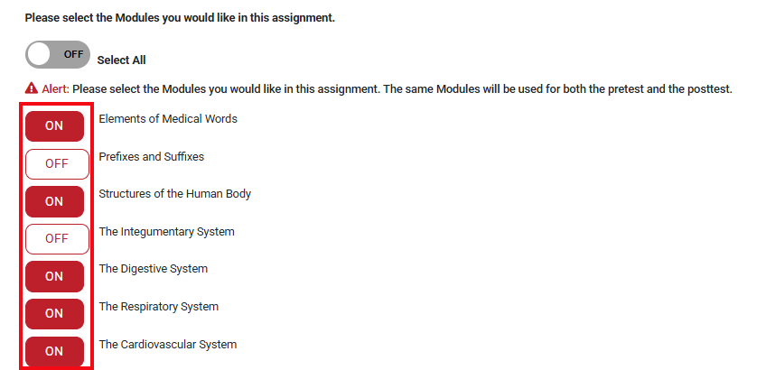 A screenshot with a red box highlighting the On/Off buttons to choose which chapters are included on the pretest/posttest.