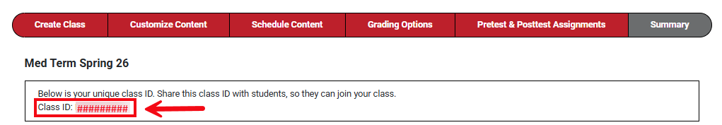 A screenshot with a red box and arrow highlighting the Class ID on the Summary.