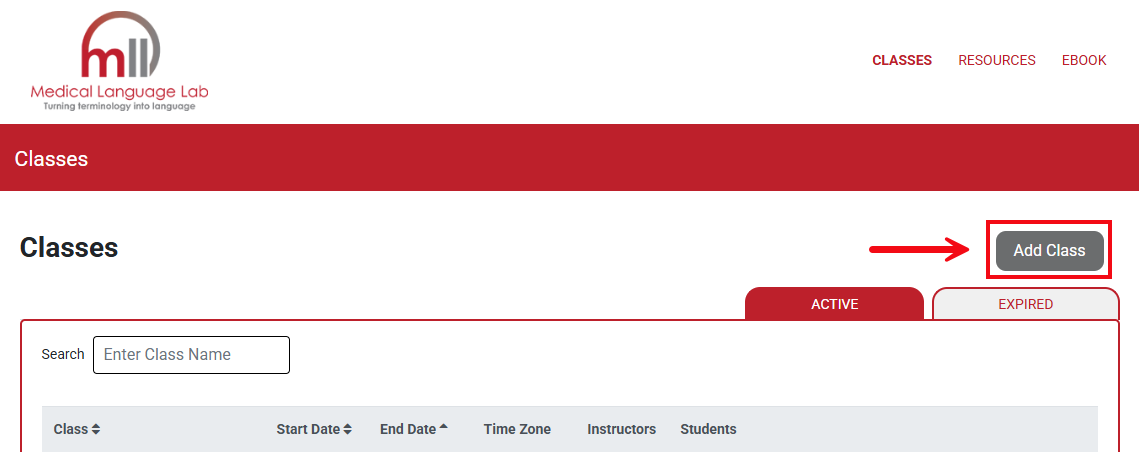 Screenshot with a red box and arrow highlighting the "Add Class" button found in Medical Language Lab.