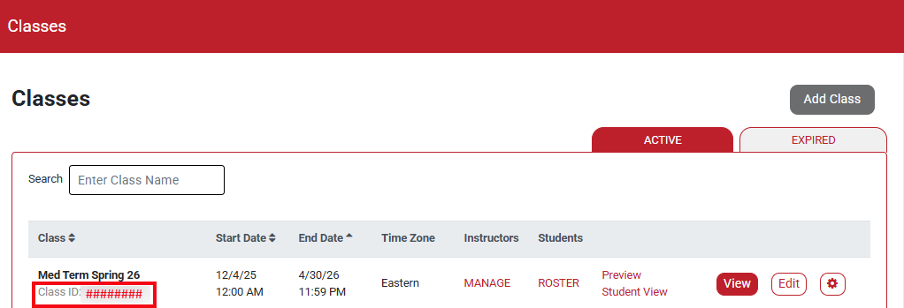 A screenshot with a red box showing the Class ID on the Classes page.
