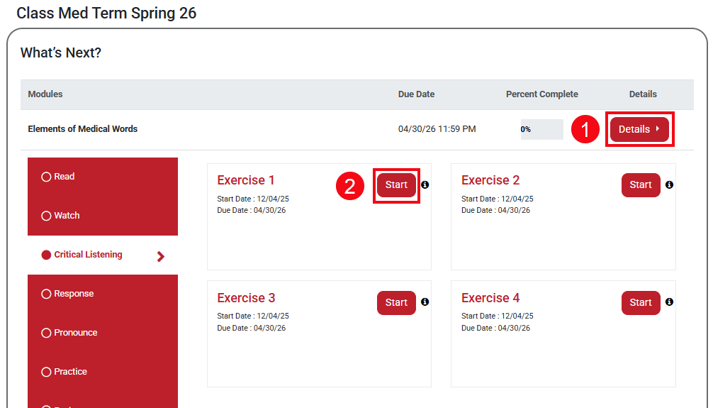 A screenshot of the student preview mode with red boxes and numbers highlighting the Details button (1) and the Start button (2).