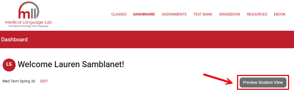 A screenshot of Medical Language Lab with a red box and arrow pointing to the Preview Student View button.