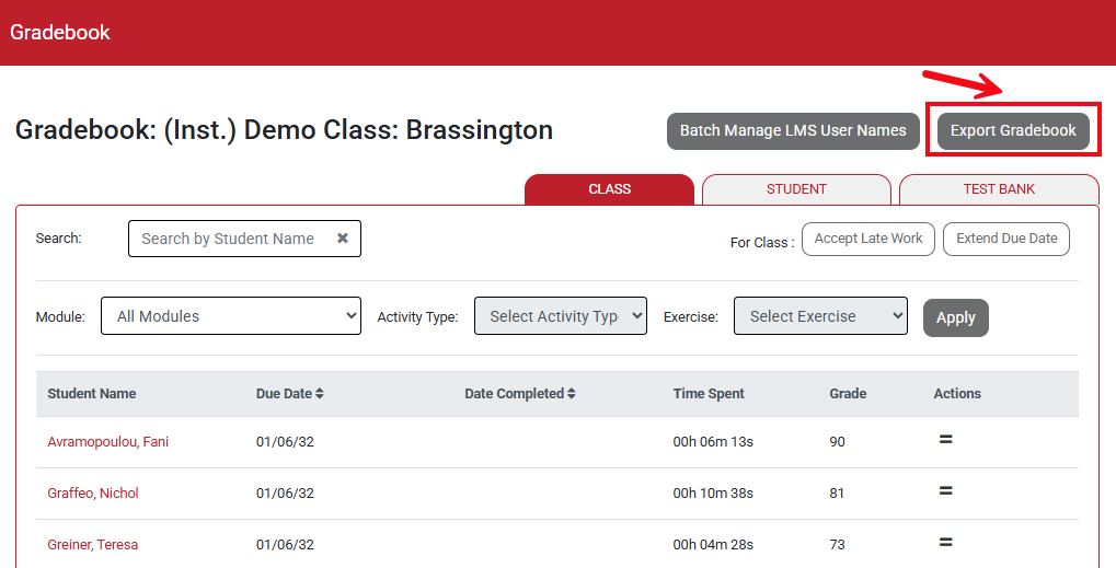 A screenshot of the Gradebook with a red box highlighting the Export Gradebook button.