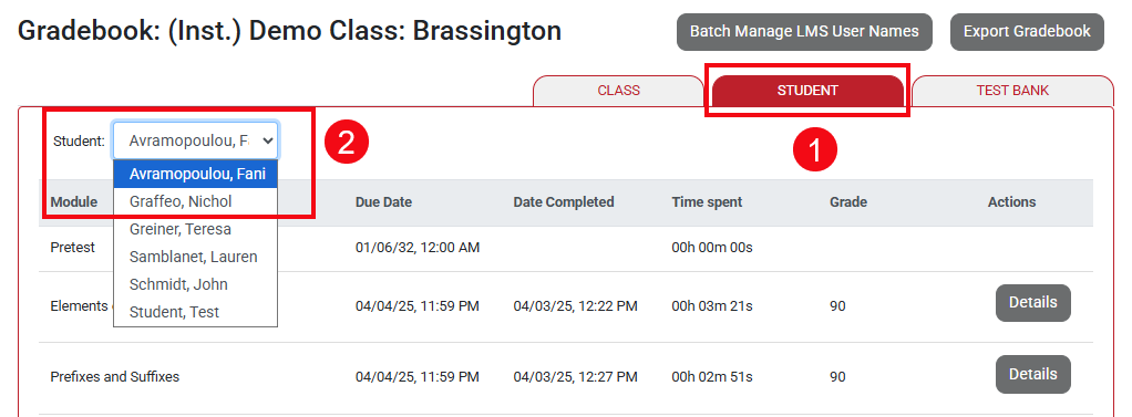 A screenshot of the Gradebook with red boxes and numbers highlighting the Student tab (1) and Student drop-down (2).