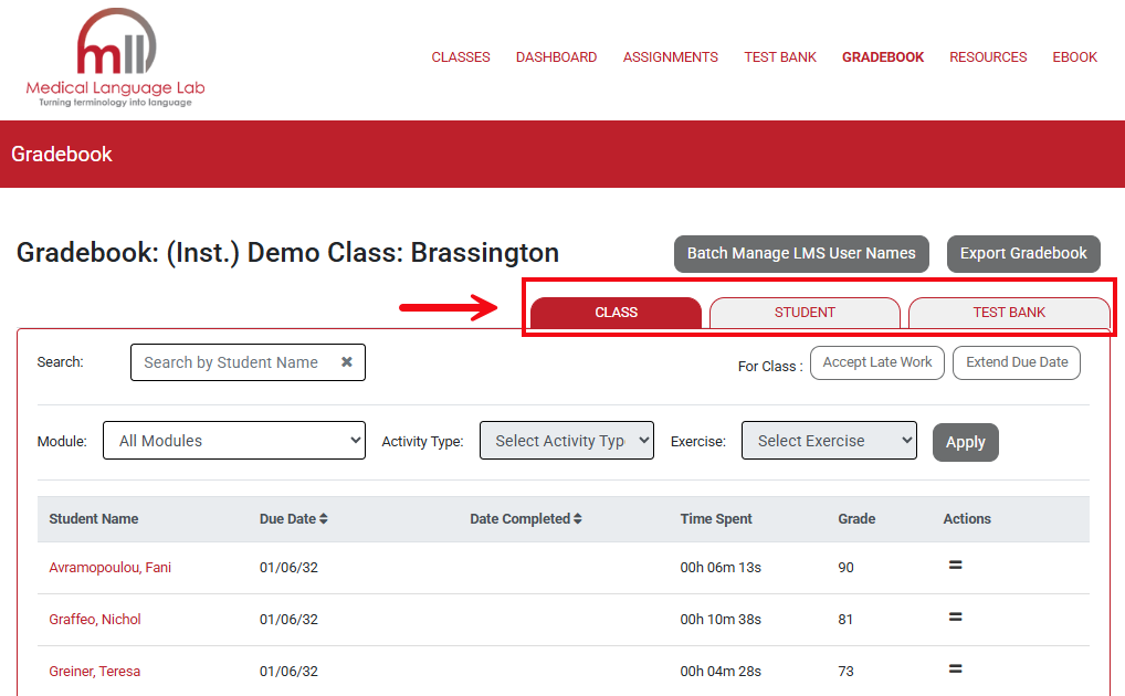 A screenshot of the Gradebook with a red box and arrow pointing to the Class, Student and Testbank views.
