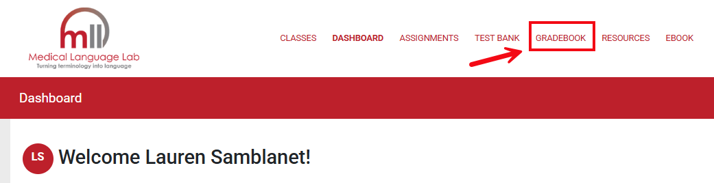 A screenshot of the header in Medical Language Lab with a red box and arrow highlighting the Gradebook option.