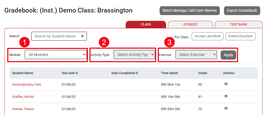 A screenshot of the gradebook with red boxes and numbers highlighting the Module option (1), the Activity Type option (2), and the Exercise option (3).