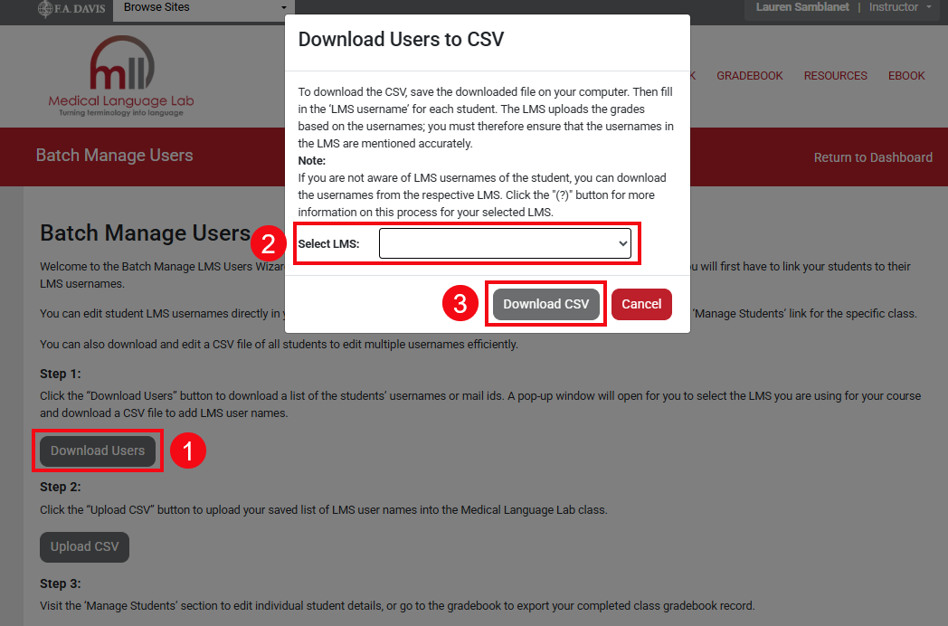 A screenshot of the Batch Manage Users page with red boxes and numbers highlighting the Download Users button (1), the Select LMS drop-down (2), and the Download CSV button (3).