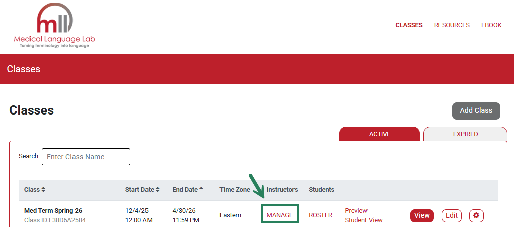 A screenshot of the Classes page with a green box and arrow highlighting the MANAGE option.