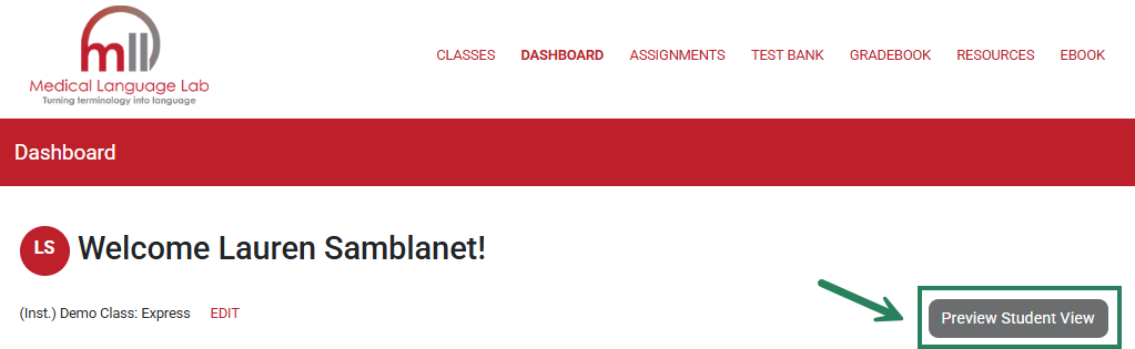 A screenshot of Medical Language Lab with a green box and arrow pointing to the Preview Student View button.