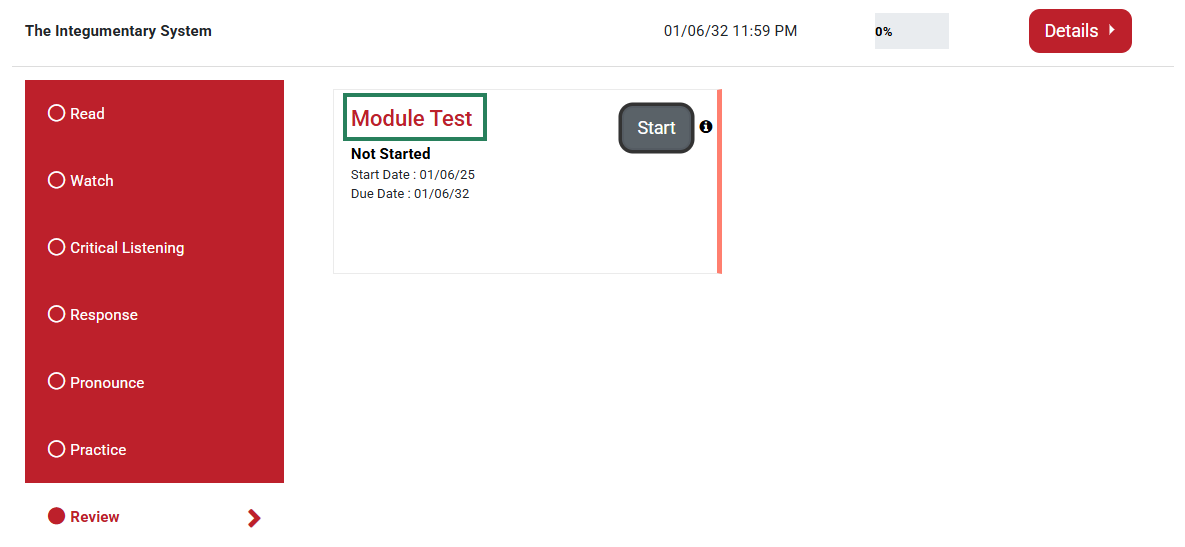 A screenshot of the Review section with a green box highlighting the module test.