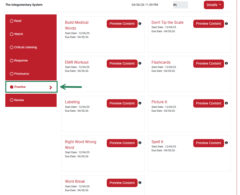 A screenshot of the Practice activities with a green box and arrow highlighting the Practice tab.