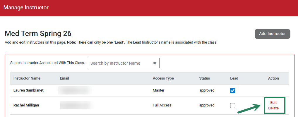 A screenshot of the Manage Instructor page with a green box and arrow highlighting the Edit and Delete options.