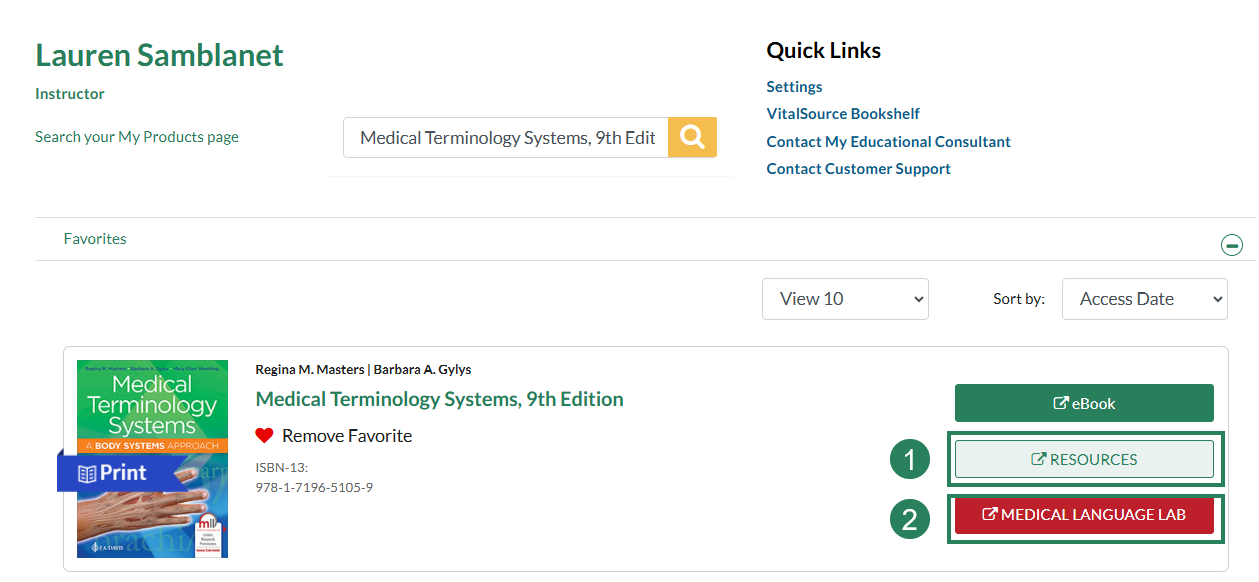 A screenshot in fadavis.com with green boxes and numbers highlighting the resources button (1) and the Medical Language Lab button (2).