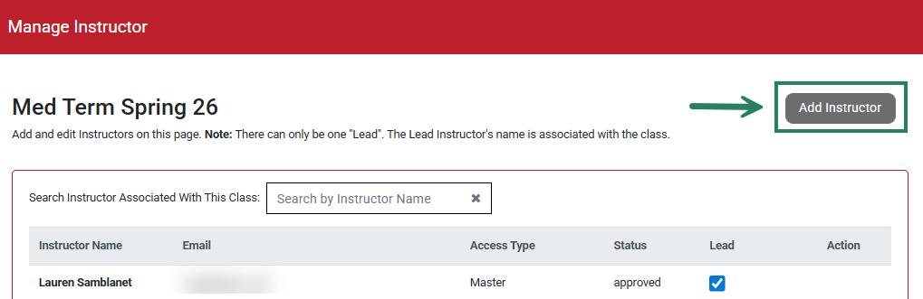 A screenshot with a green box and arrow highlighting the Add Instructor button.