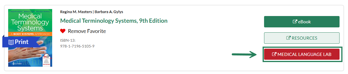 A screenshot in fadavis.com with a green box and arrow highlighting the Medical Language Lab button.