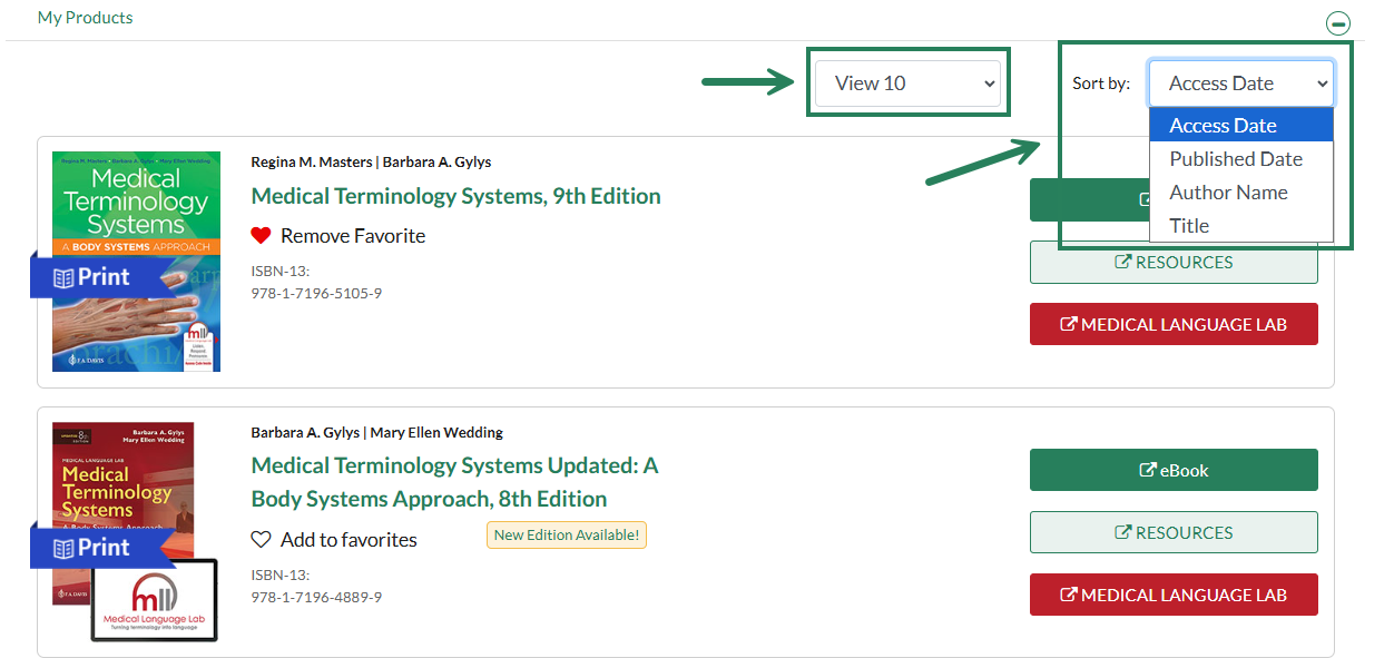 A screenshot of the My Products section with green boxes and arrows highlighting the option to change the View filter and the Sort By filter.