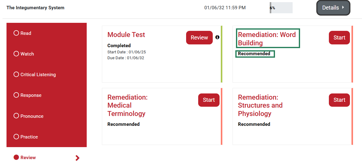 A screenshot that uses green boxes to highlight the Remediation activities that appear once the student completes the test.