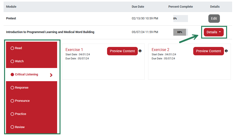 A screenshot of some of the activities available in Medical Language Lab with a green box and arrow pointing to the Details button by a chapter.