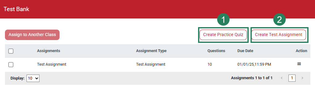 A screenshot of the Test Bank screen with green boxes and numbers highlighting the Create Practice Quiz button (1) and the Create Test Assignment button (2).
