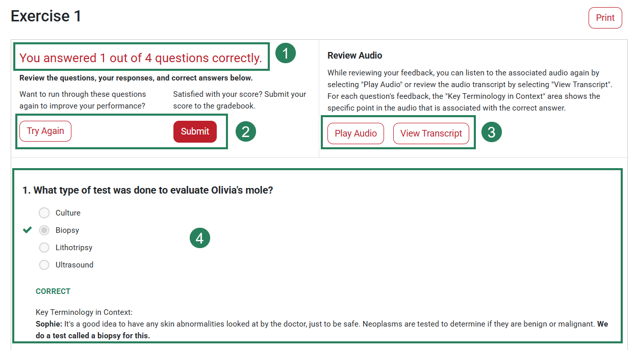 A screenshot of a student's results page with green boxes and numbers highlighting their score (1), the Try Again button (2), when relevant the buttons to Play Audio and Review Transcript (3), and the correct answers and rationales (4).