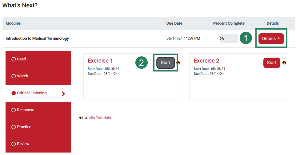 A screenshot of the What's Next section with green boxes and numbers highlighting the Details button (1) and the Start button (2).